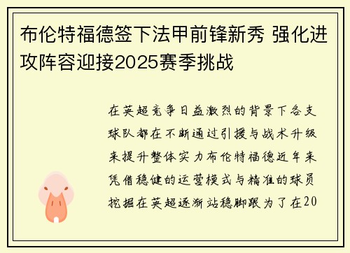 布伦特福德签下法甲前锋新秀 强化进攻阵容迎接2025赛季挑战
